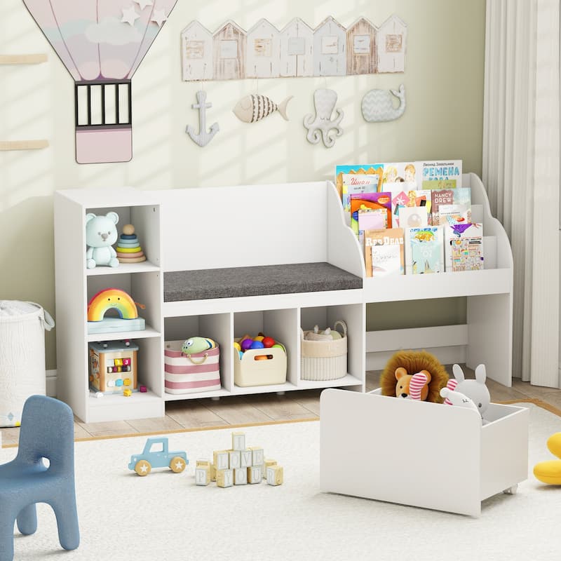 White 3-Tier Adjustable Kids Bookshelf Toy Organizer with Reading Nook and 6 Storage Cubes - 67" x 16" x 32"