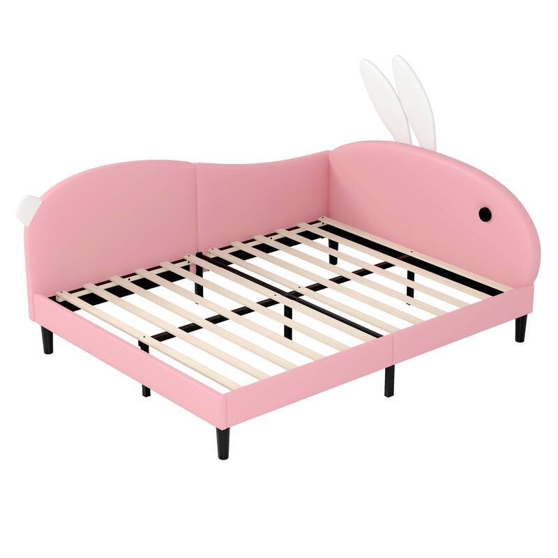 Pink Rabbit-Ear Headboard Upholstered Daybed, Full Size Sofa Bed