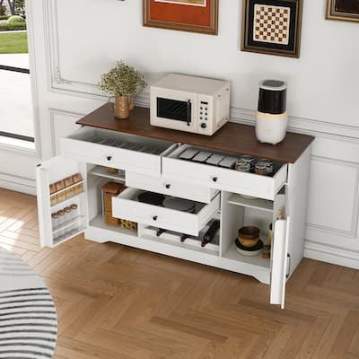 54" Farmhouse Buffet Sideboard with Storage Cabinet & Adjustable Shelf, Wood Top Dining Table with Drawer
