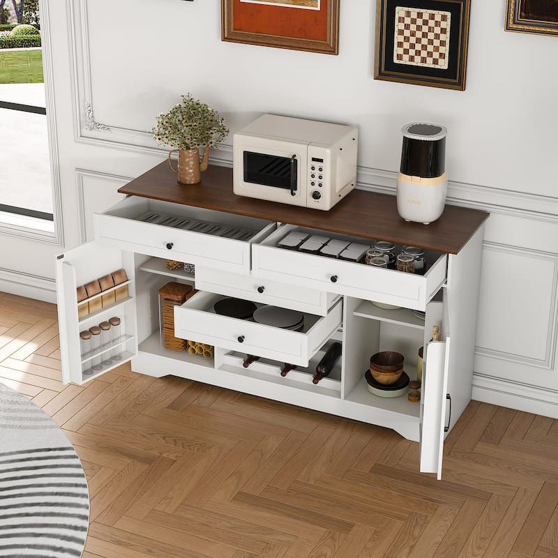 Farmhouse Buffet Sideboard with Storage Cabinet & Adjustable Shelf - Wood Top Dining Table with Drawer, Kitchen Storage Cabinet