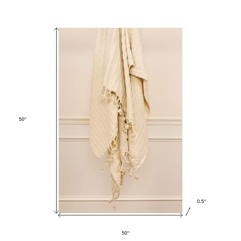 HomeRoots Ivory Knitted 100% Cotton Throw Blanket