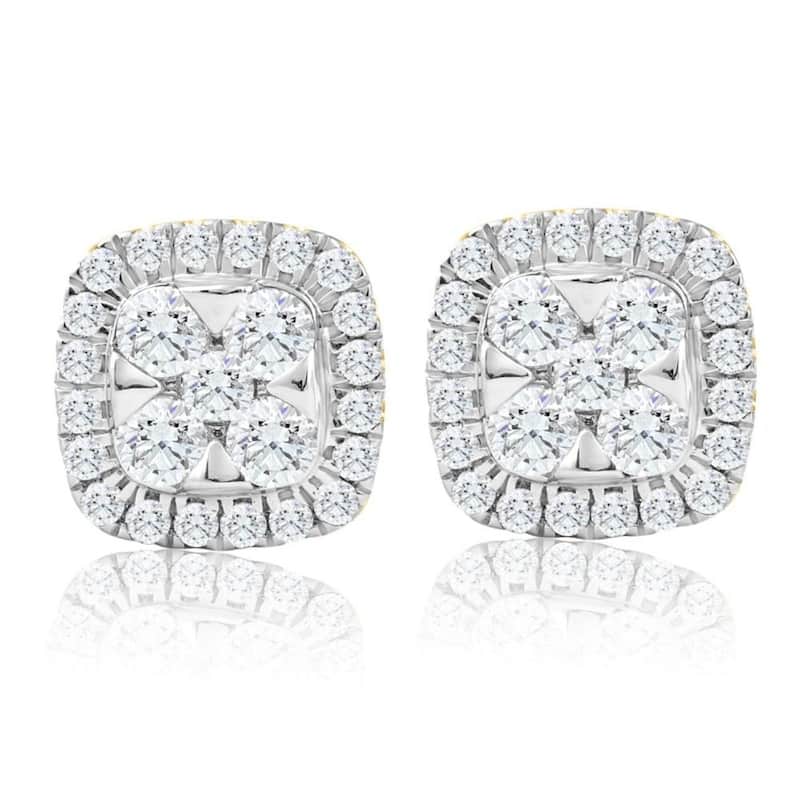 1Ct T.W. Pave Diamond Cushion Halo Studs Yellow Gold Lab Grown Earrings