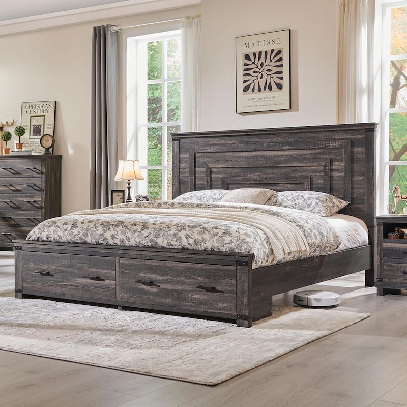 Farmhouse Wood Bed Frame with 54" Tall Headboard, 2 Large Drawers