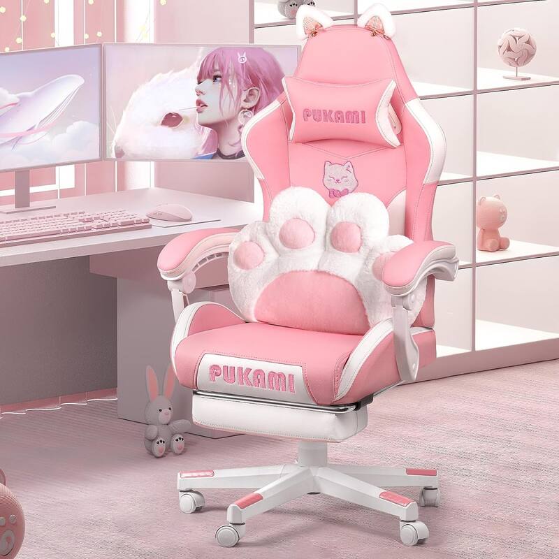 BOSSIN Gaming Chair with Cat Ears and Cat Paw Cushion Pillow,Cute Kawaii Reclining Computer Chair for Girl with Footrest