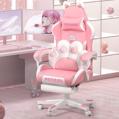 BOSSIN Gaming Chair with Cat Ears and Cat Paw Cushion Pillow,Cute Kawaii Reclining Computer Chair for Girl with Footrest