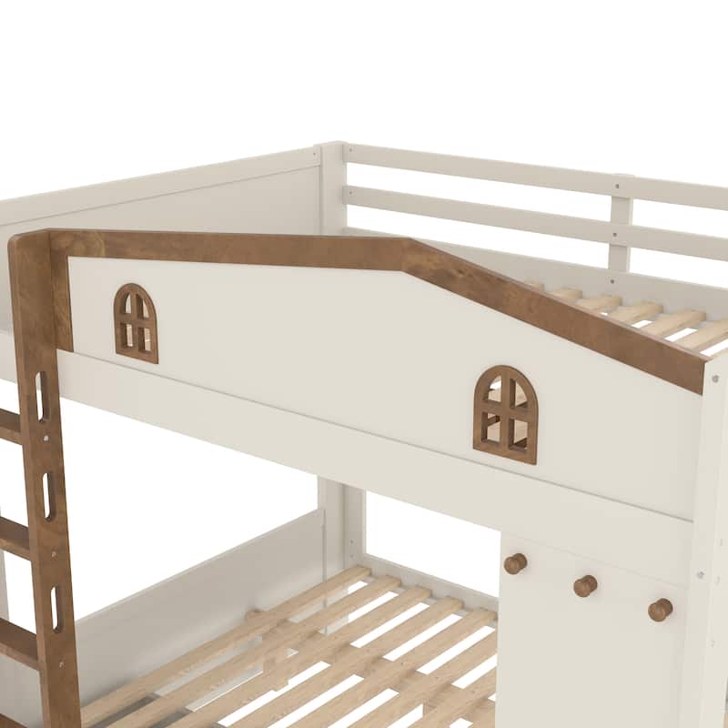 Queen over Queen Bunk Bed with Storage Drawers, Shelves & Hooks