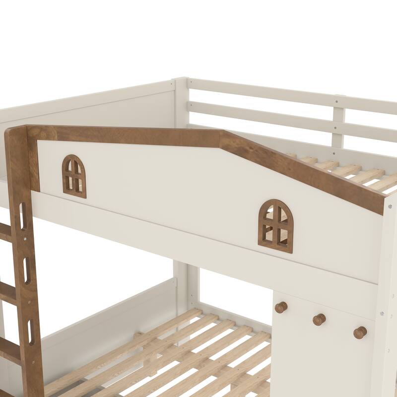 Queen over Queen Bunk Bed with Storage Drawers and Shelves, Solid Wood Bunk Beds with hooks, No Box Spring Needed