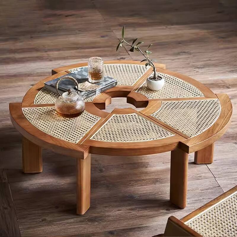 Modern Round Wood Accent Table with Woven Edges - L 39.37'×W 39.37'×H 13.19'