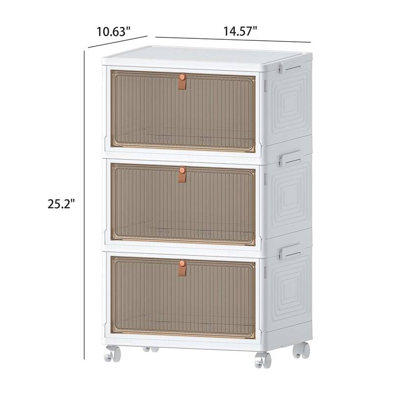 3 Tier Plastic Storage Bins Stackable Storage Containers with Wheels Folding Storage Boxes Closet Organizers - 3-Tier