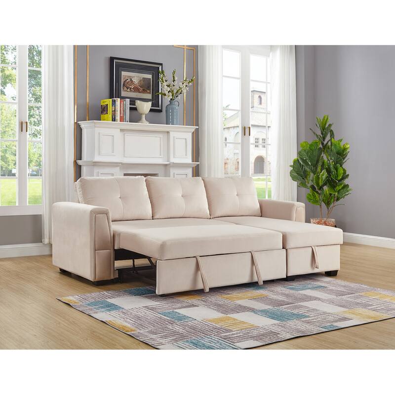 91" Wide Velvet Reversible Sofabed Sectional Sofa & Chaise - 91" Wide