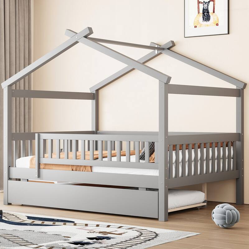 Full Size Wooden House Bed with Twin Size Trundle - Grey