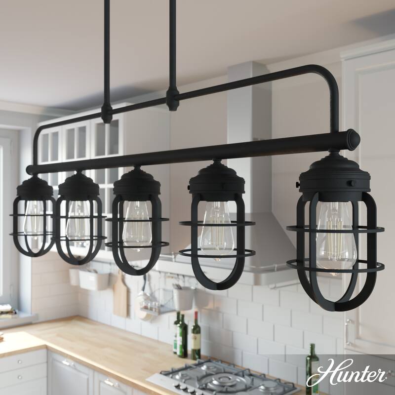 Hunter Starklake 5-Light Linear Chandelier - Kitchen Island, Dining Room - Industrial - Modern Farmhouse, Cage Design - Natural Iron