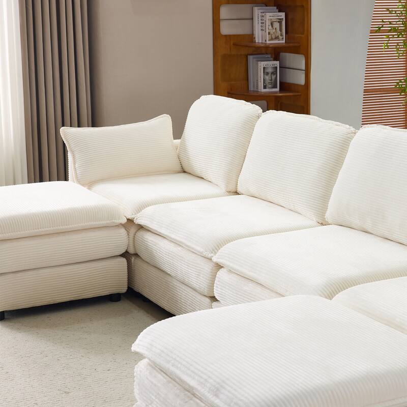 U-Shaped Modular Sectional Sofa with 2 Ottomans, Oversized Corduroy Upholstered Cloud Sofa, 4-Seater Sofa with 2 Throw Pillows