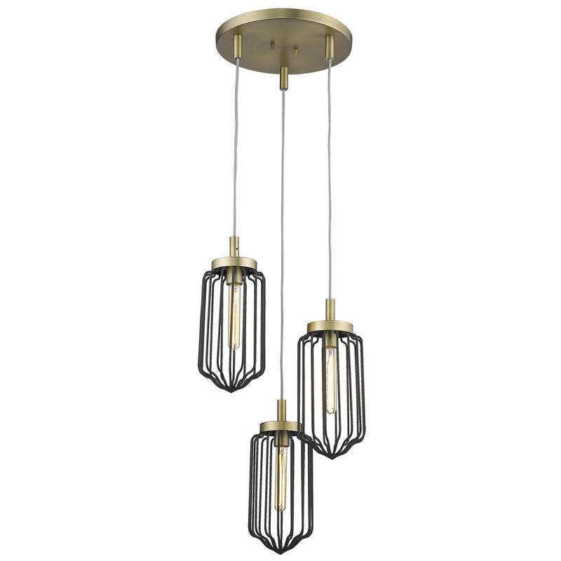 HomeRoots Gold Caged Three Light Metal Dimmable Chandelier With Black Shades - 16.75' X '15' X '16.75