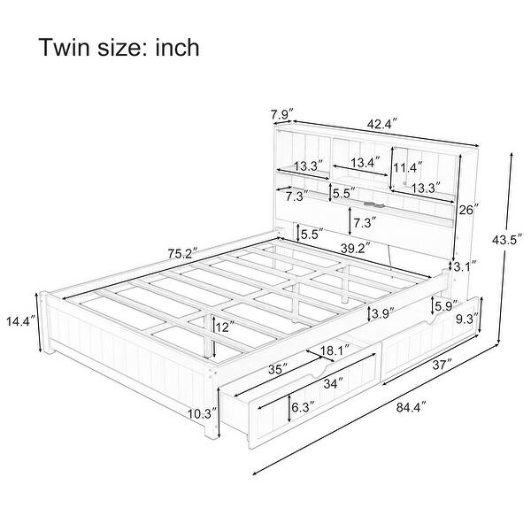 White Twin Size Platform Bed Frame with Bookcase, Built-in Night Light and 2 Drawers