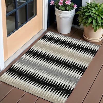 Black Gray And Beige Striped Washable Indoor Outdoor Area Rug - 3' x 5'