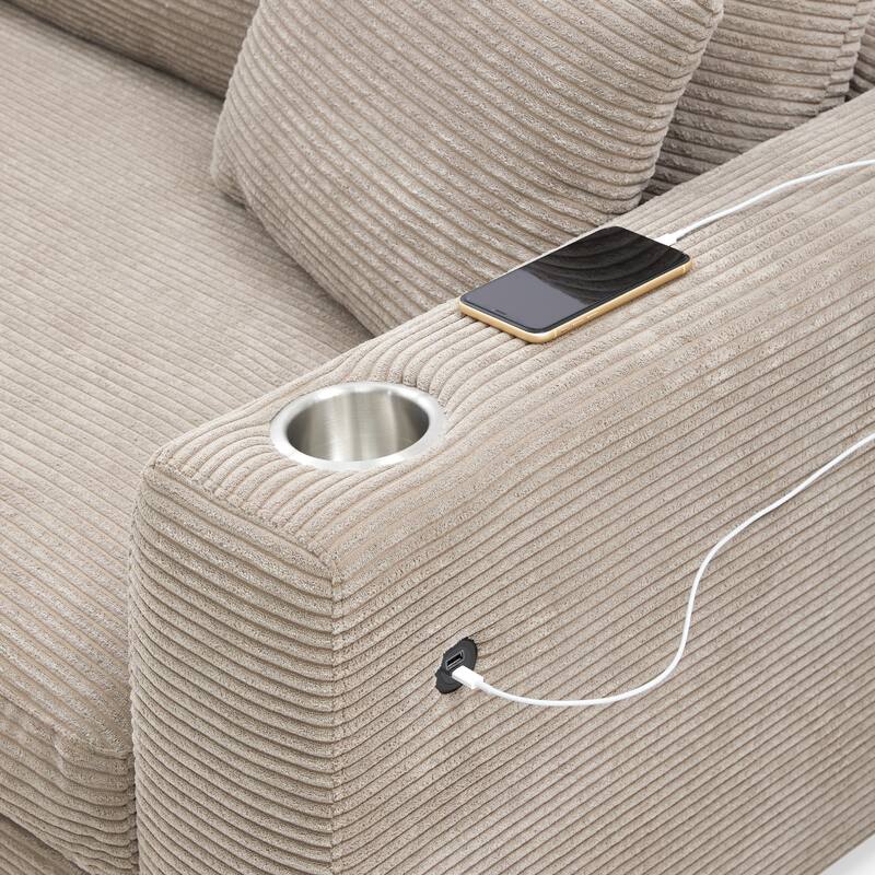 134" Corduroy Sectional Sofa with L-Shaped Cloud Couch and USB Charging & 50" Chaise (330lb Capacity)