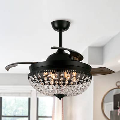 42" Black Retractable 3-Blade Crystal Chandelier Ceiling Fan with Remote