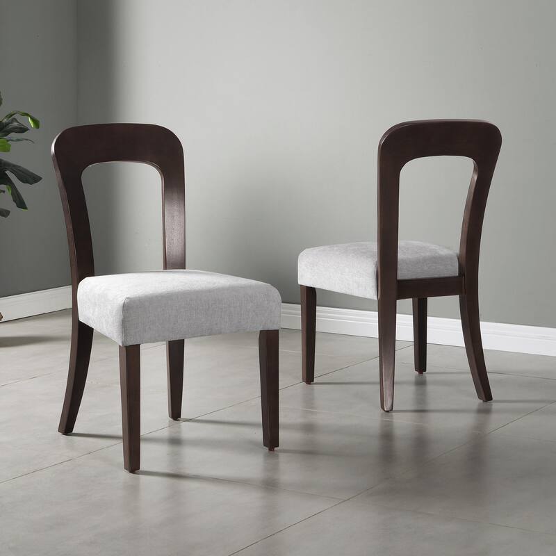 Set of 2 Fabric Upholstered Dining Chairs with Solid Rubber Wood Legs - Dark Brown+Gray