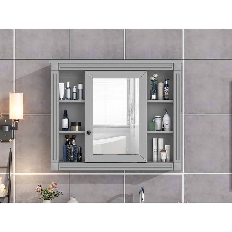 Wall-Mounted Bathroom Mirror Cabinet, Multi-Functional Medicine Cabinet, Bathroom Storage Cabinet with Door & Open Shelves