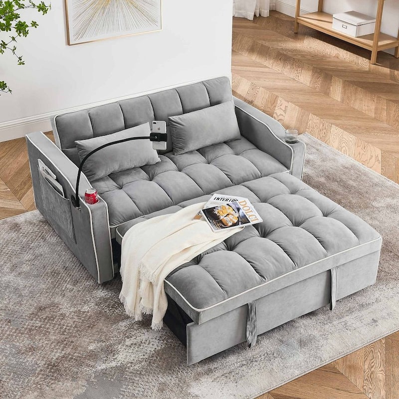 55.51'' Modern Versatile Foldable Sofa Bed With Adjustable Back and USB Port and Ashtray and Swivel Phone Stand