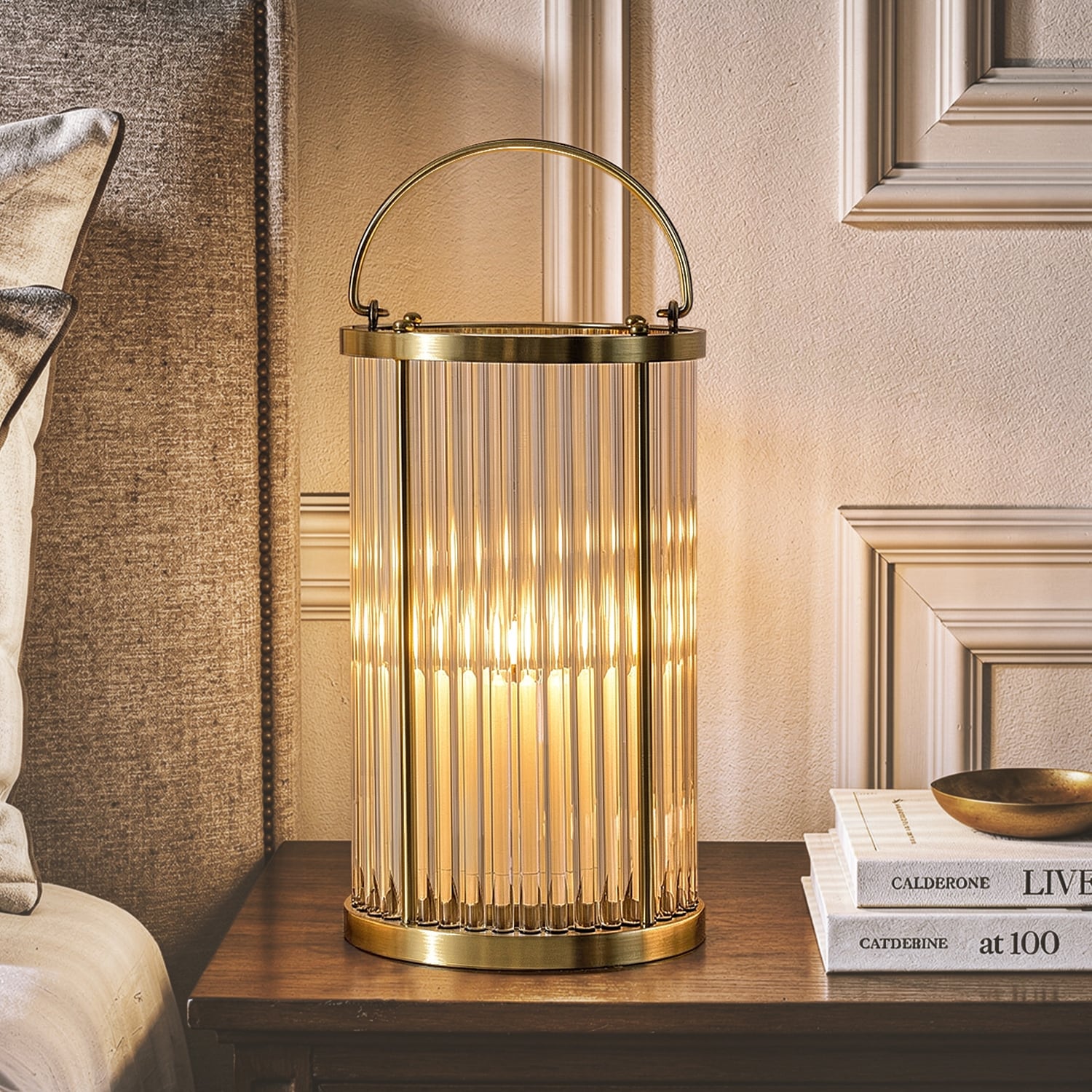 AloaDecor Glam Decorative Glass Rod Lantern in Warm Brass with Handle and Rechargeable Flameless Candle for Dining Tables