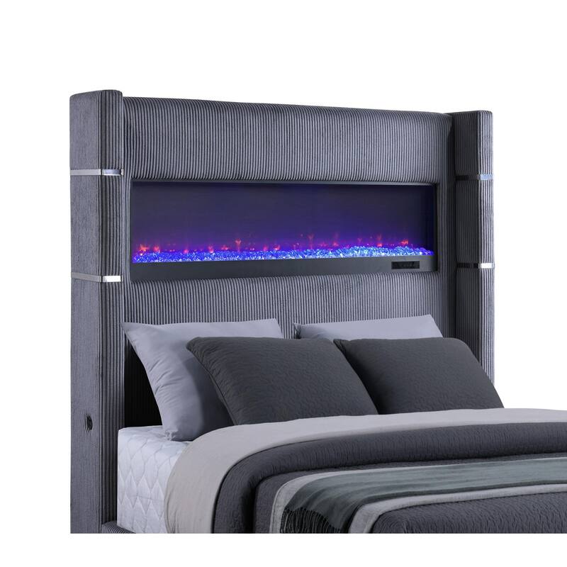 Caro California King Bed, Wingback Panel w LED Flame, Gray Upholstery