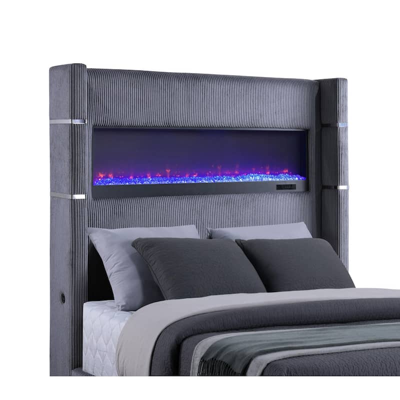 Caro King Bed, Wingback Panel w LED Flame, Gray Corduroy Upholstery