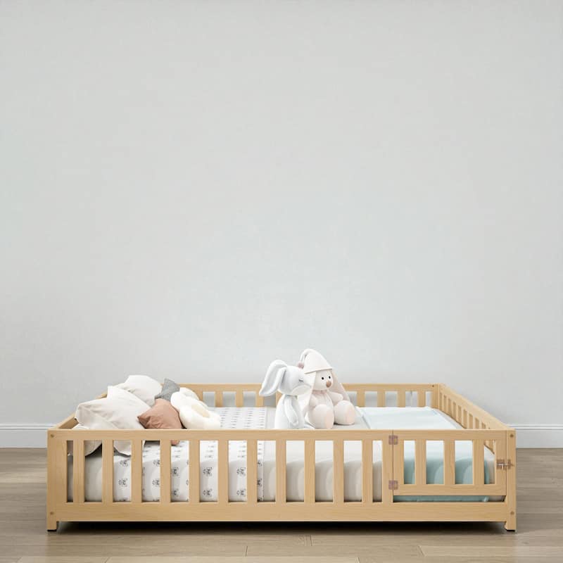 Full Size Montessori Floor Bed with Fence and Door, Solid Wood Platform Bed with Slats for Kids and Toddlers