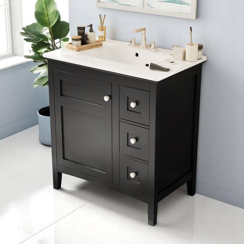 Modern 30 Inch Bathroom Vanity with Porcelain Countertop, 3 Drawers, Solid Wood and MDF Storage Cabinet