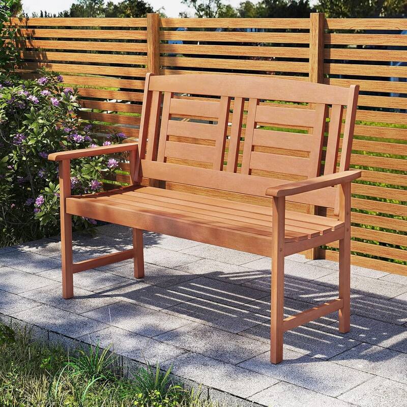 Patio Wood Bench Garden Armrest Loveseat with Inclined Backrest