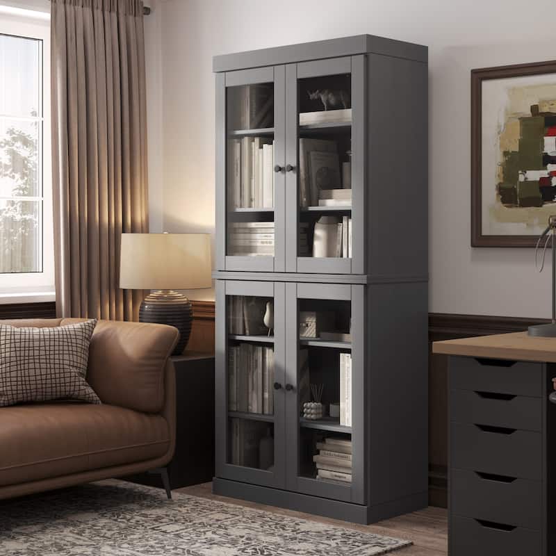 100% Solid Wood 6-Shelf Bookcase with Optional Doors by Palace Imports - 4 Dr Glass - Grey