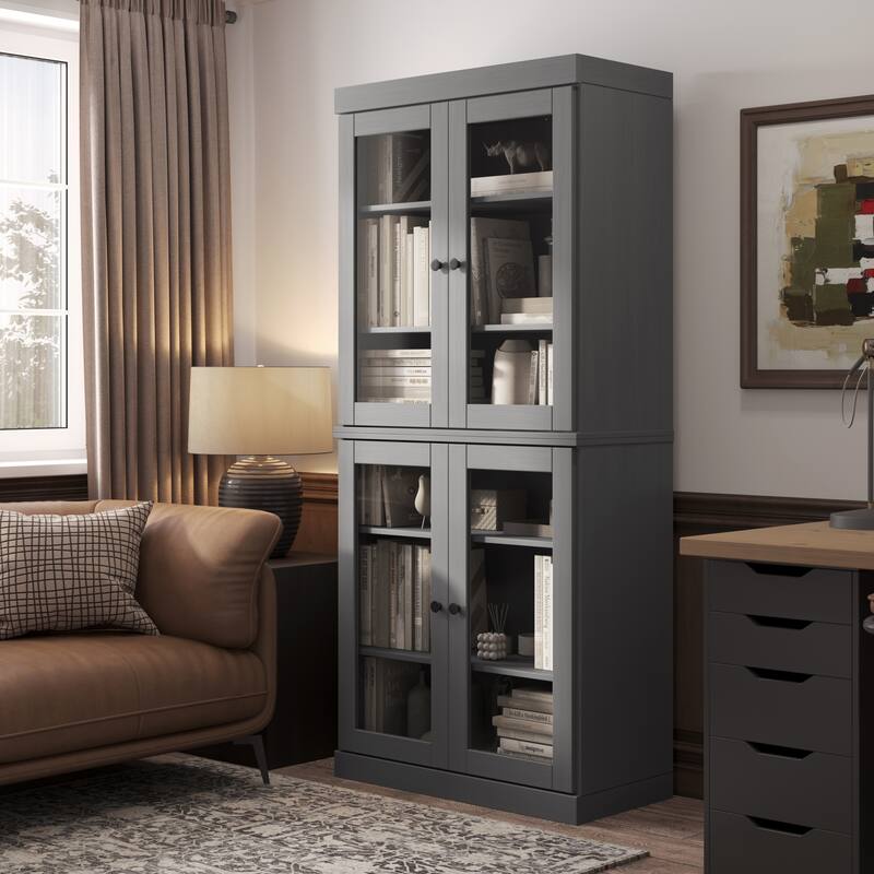 Palace Imports Solid Wood 6-Shelf Bookcase, Clear Glass Doors, Adjustable Shelves - Grey