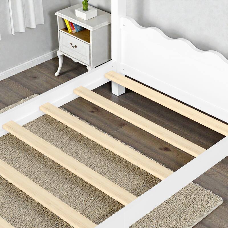 Kids Solid Wood House Floor Bed with Support Slats, Montessori Low Profile Bed, No Box Spring Needed