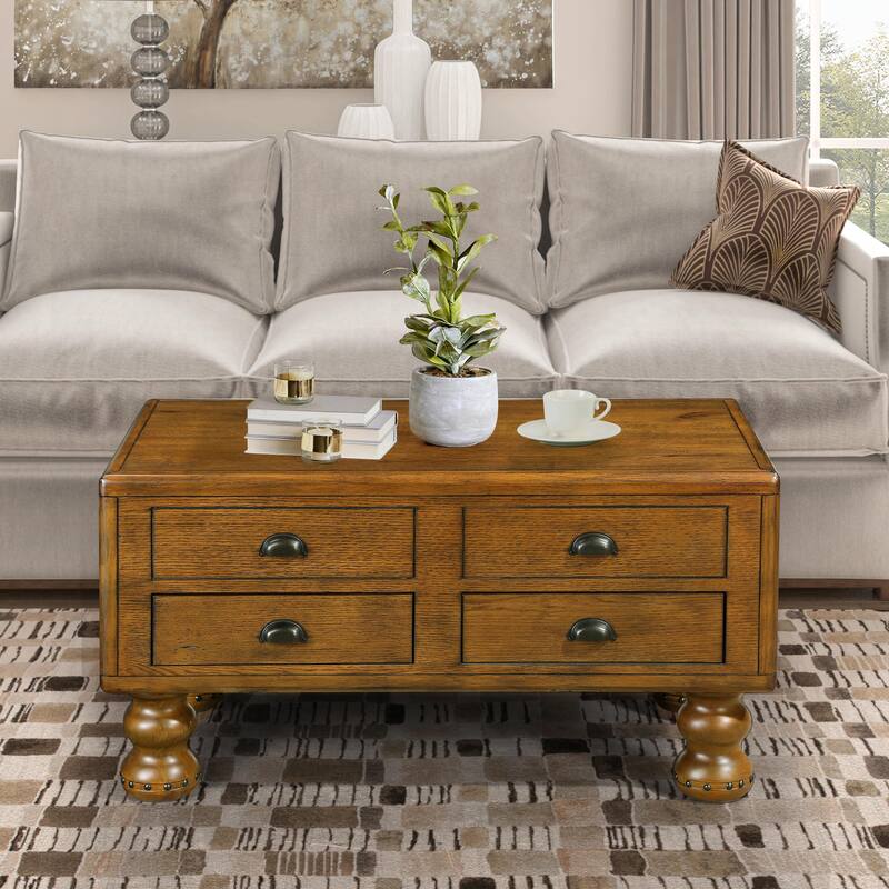 40" Solid Wood Rectangle Coffee Table with 4 Drawers - Antique brown