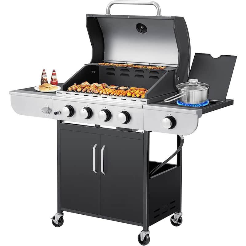 Outdoor BBQ Gas Grill - 58K BTU, Stainless Steel, with Stove & Side Table, perfect for camping, picnics, and gatherings