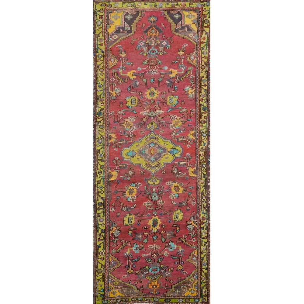 Hand Knotted Oriental 100% Wool Carpet Traditional Floral Pink Heriz Runner Rug - 9' 9'' X 3' 1''