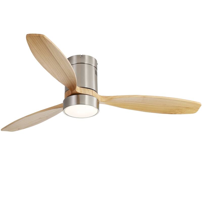 52 Inch Flush Mount Wood Blades White Ceiling Fan Reverse Airflow,6 Wind Speed,Remote Control - Nickel with Burlywood Blades - # 52K077 