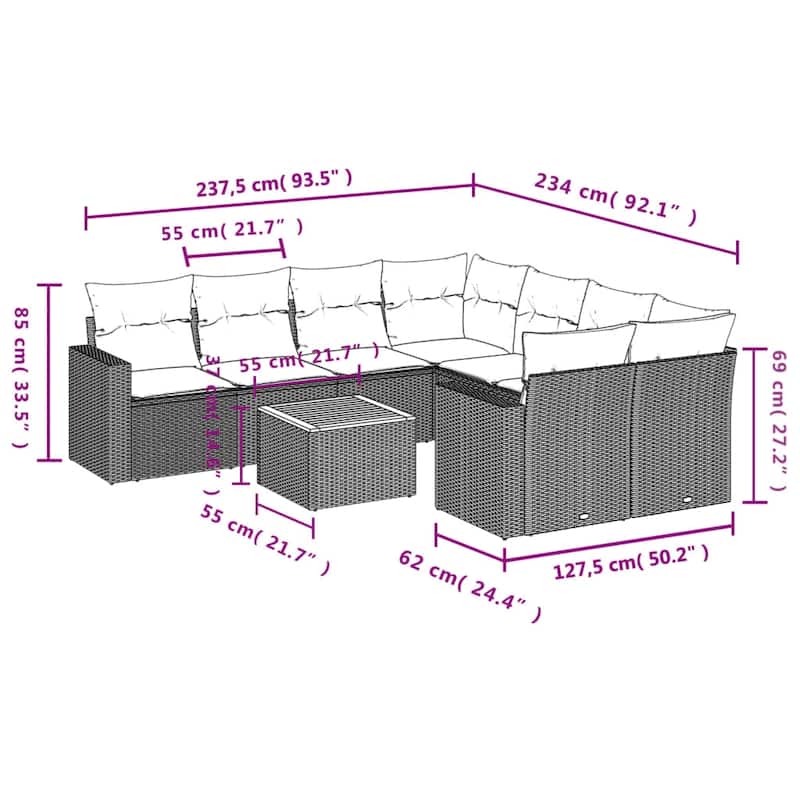 vidaXL Patio Sofa Set with Cushions Outdoor Furniture 9 Piece Poly Rattan - 25.8 x 24.4 x 27.2