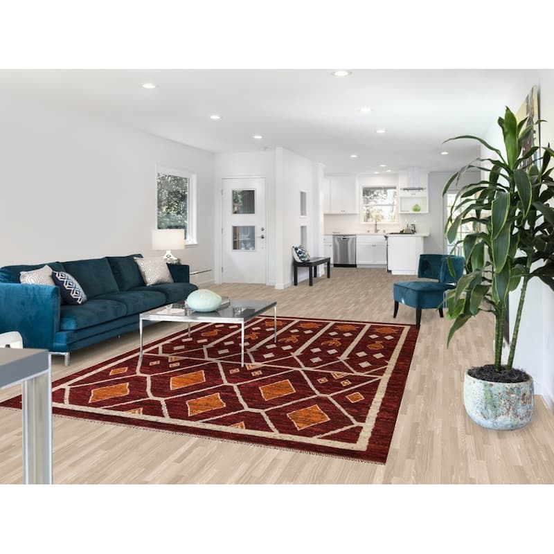 Hand Knotted Oriental 100% Wool Carpet Modern Geometric Red Moroccan Area Rug - 9' 10'' X 6' 8''