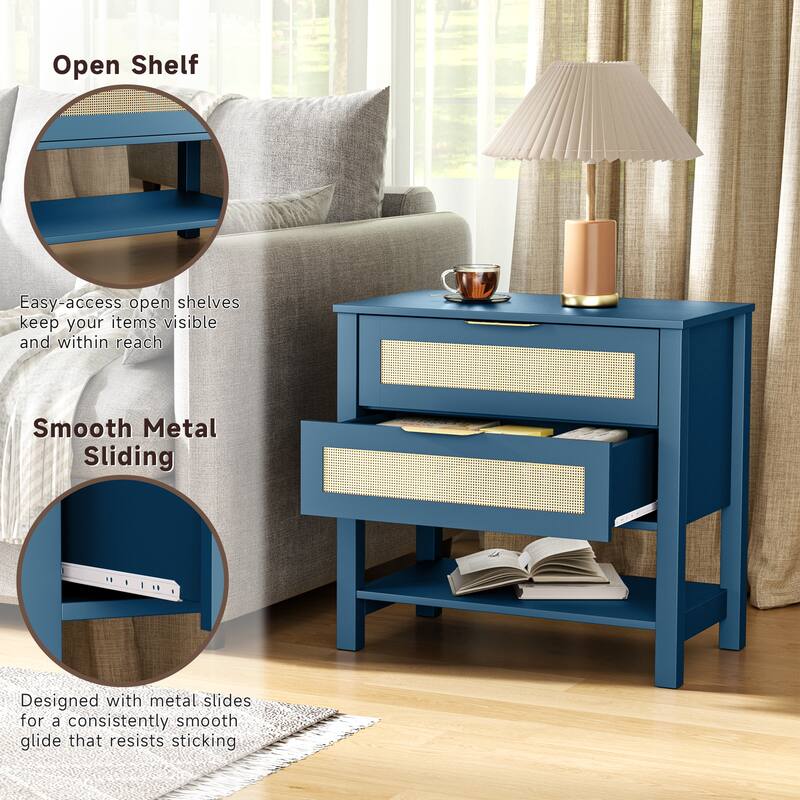 Rattan Nightstand with 2 Drawers and Storage Shelf Boho Bedside Narrow Side Table for Bedroom