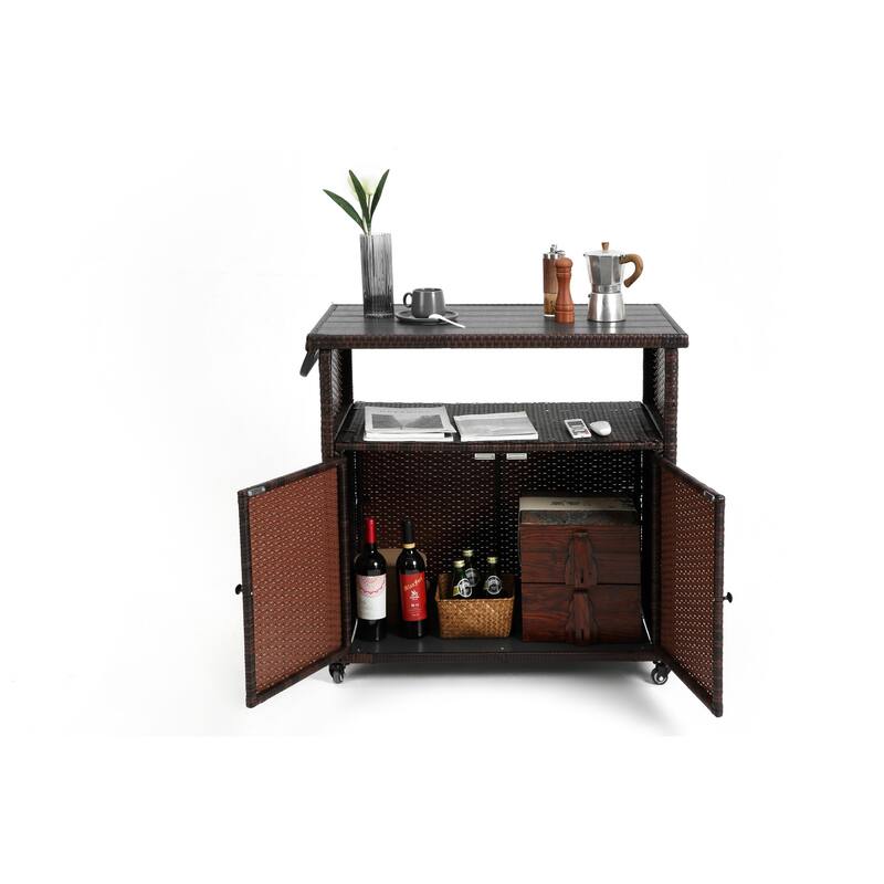 HOMEFUN Outdoor Wicker Bar Cart with Storage on Wheels