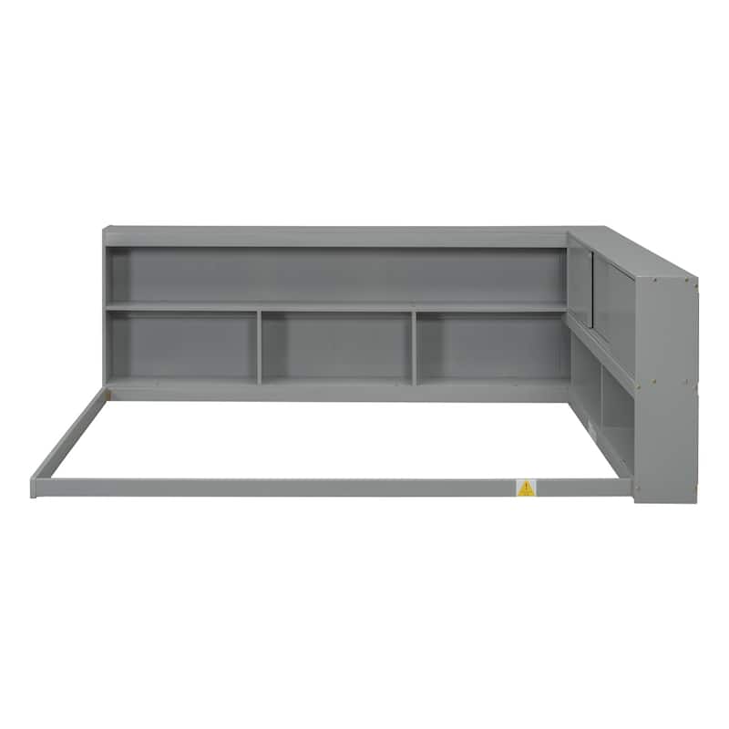 Full Floor Bed with L-shaped Bookcases, Sliding Doors Without Slats