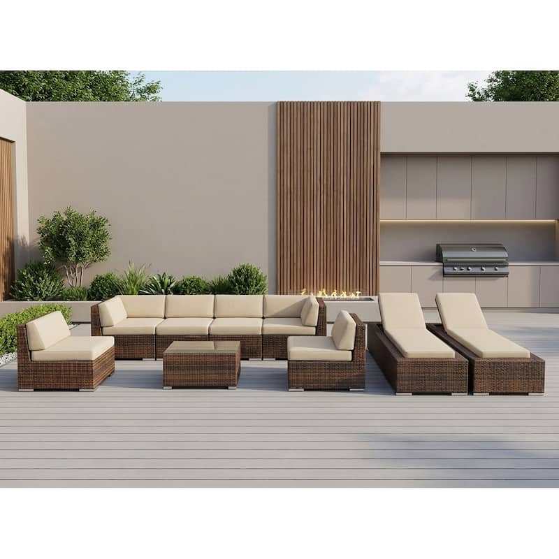 Ohana Outdoor Patio 9-piece Mixed Brown Cushioned Wicker Sofa Set - No Assembly - Beige