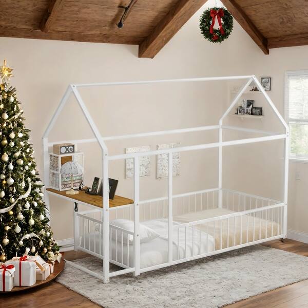 slide 2 of 16, Metal Twin Size Bed House Bed with Desk,Smart Storage and USB Ports,Kids Bed Design