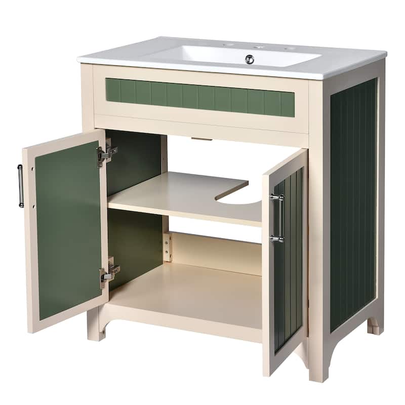 30" Wood Bathroom Vanity Cabinet with Ceramic Sink,Adjustable Shelf