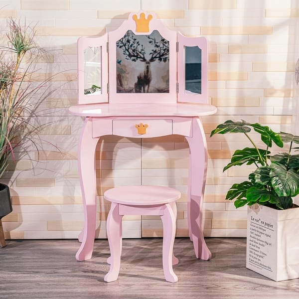 slide 2 of 14, Pretend Play Kids Vanity Set with Mirror and Stool Pink