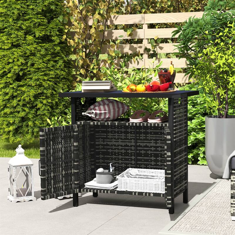 PE Rattan Outdoor Storage Cabinet with Steel Frame and Shelf - 35.4" W x 19.7" D x 35.4" H
