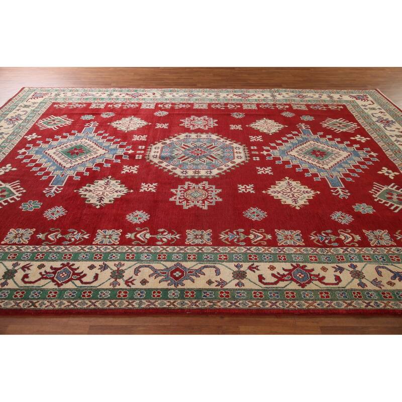 Red Geometric Kazak Oriental Area Rug Handmade Traditional Wool Carpet - 9'7" x 13'1"