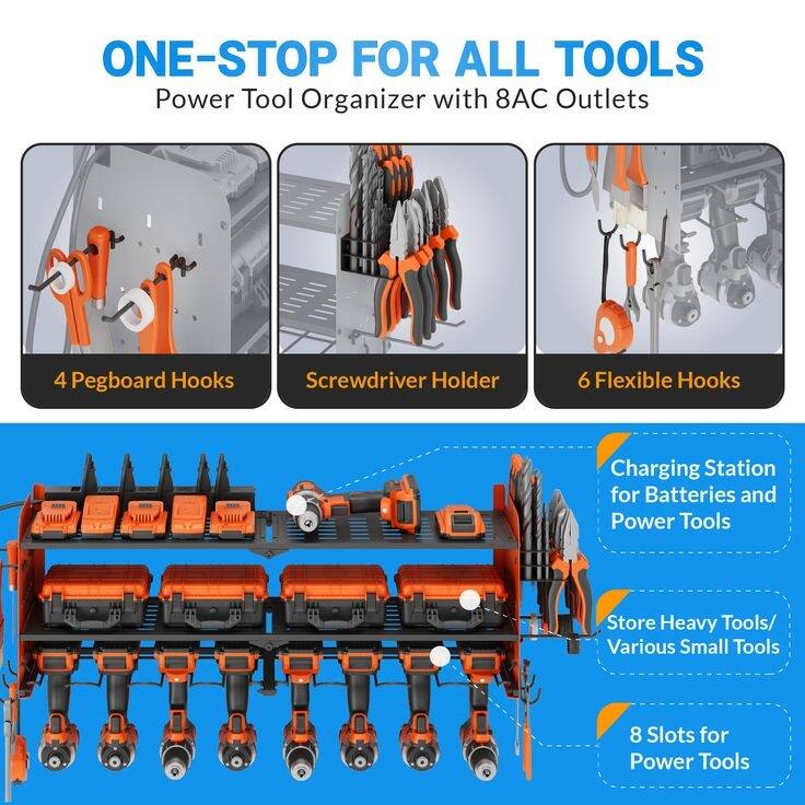 Power Tool Organizer with Charging Station Garage 8 Drill Holders Wall Mount with 8 Outlets Power Strip